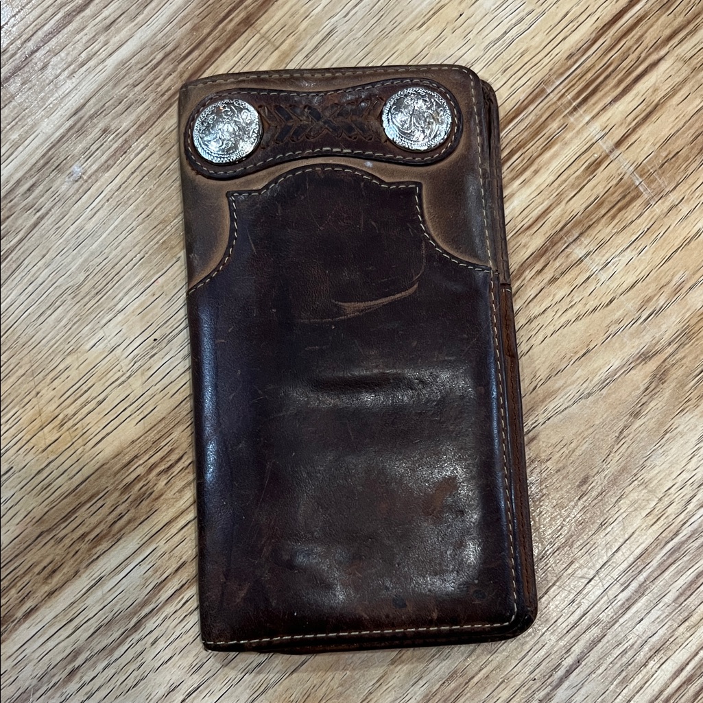 Vintage Brown Leather Card Holder With Silver Details